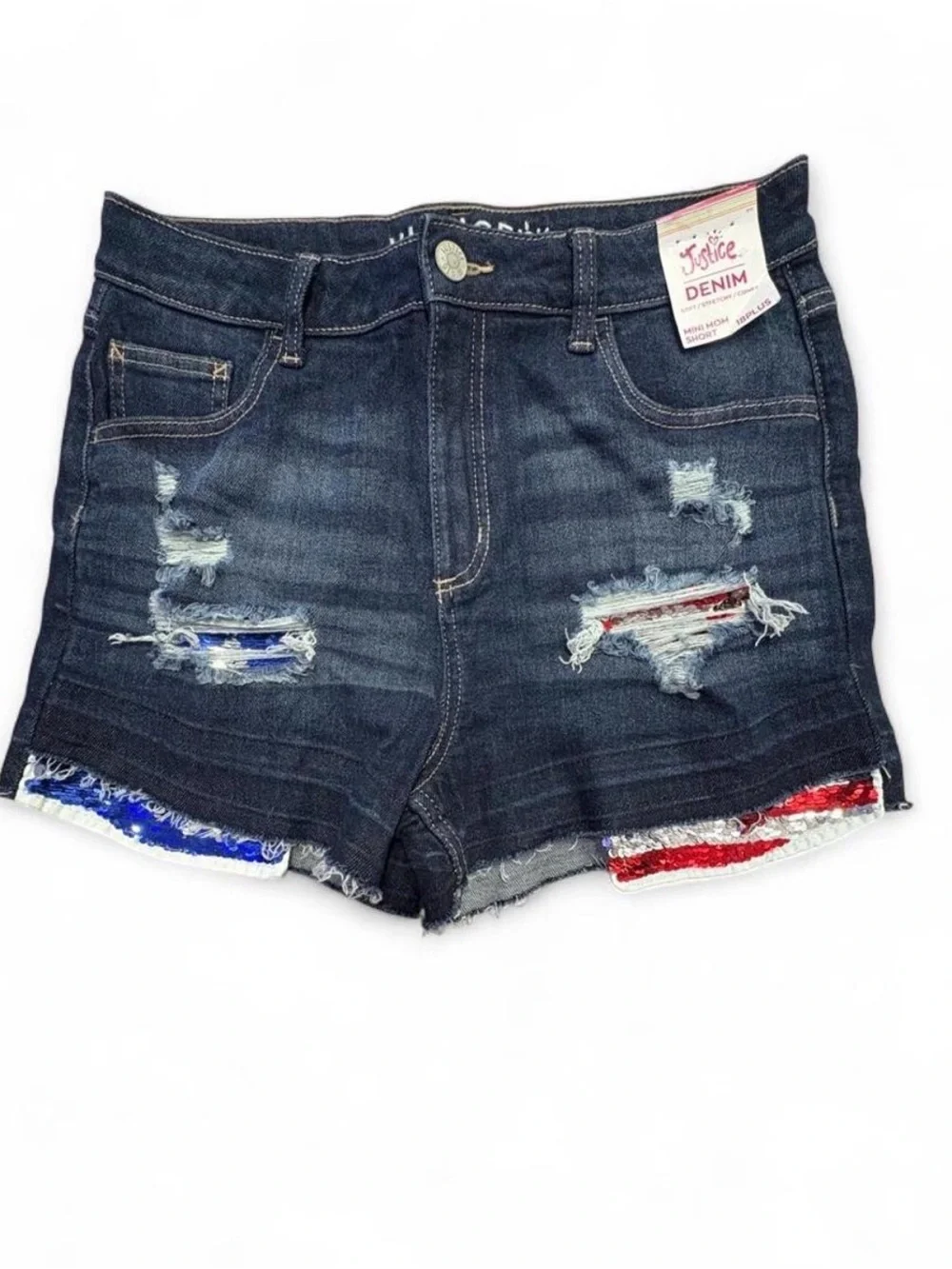 Justice Dark Wash Denim Shorts with Red & Blue Sequin Accents